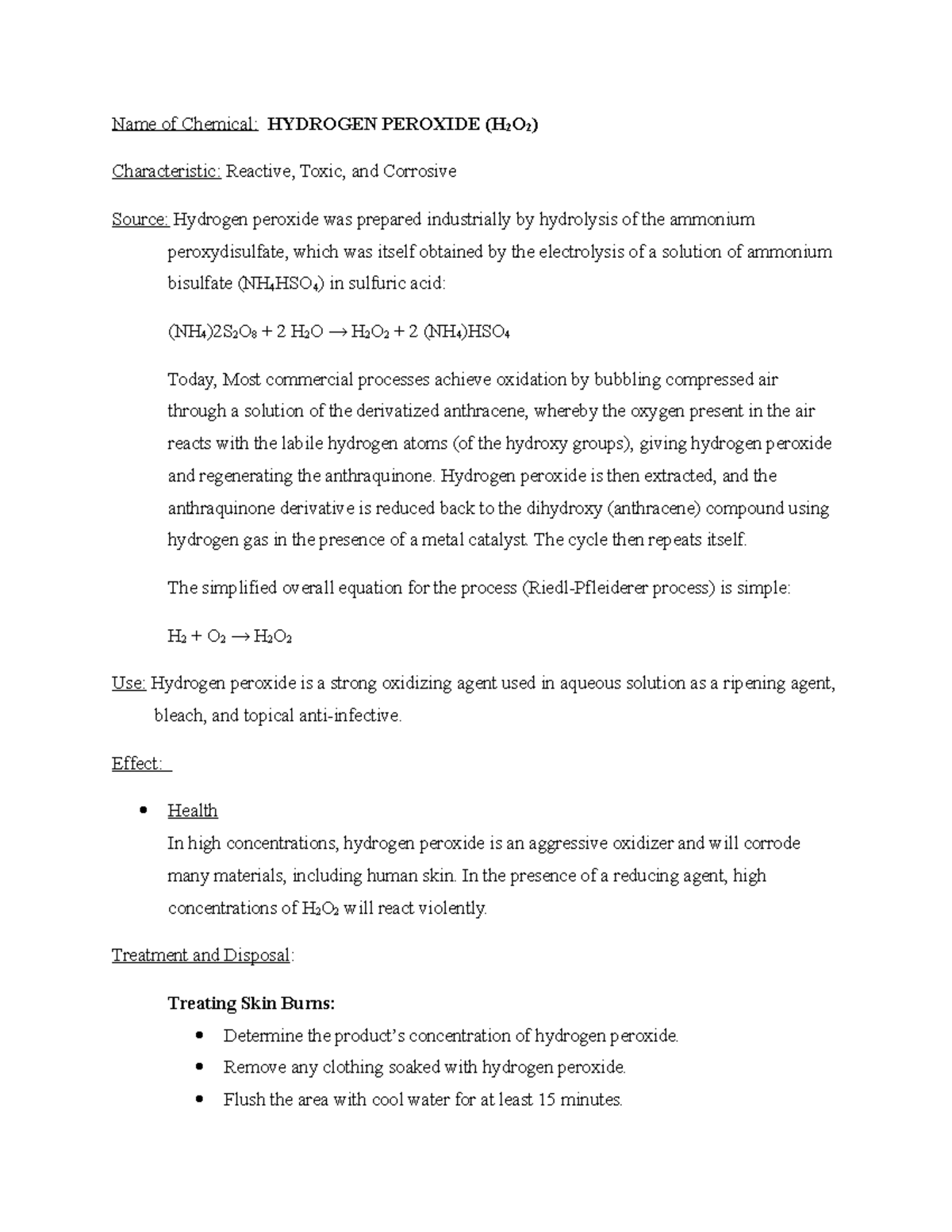 Effects and Treatment and Disposal of Hydrogen peroxide - Name of ...