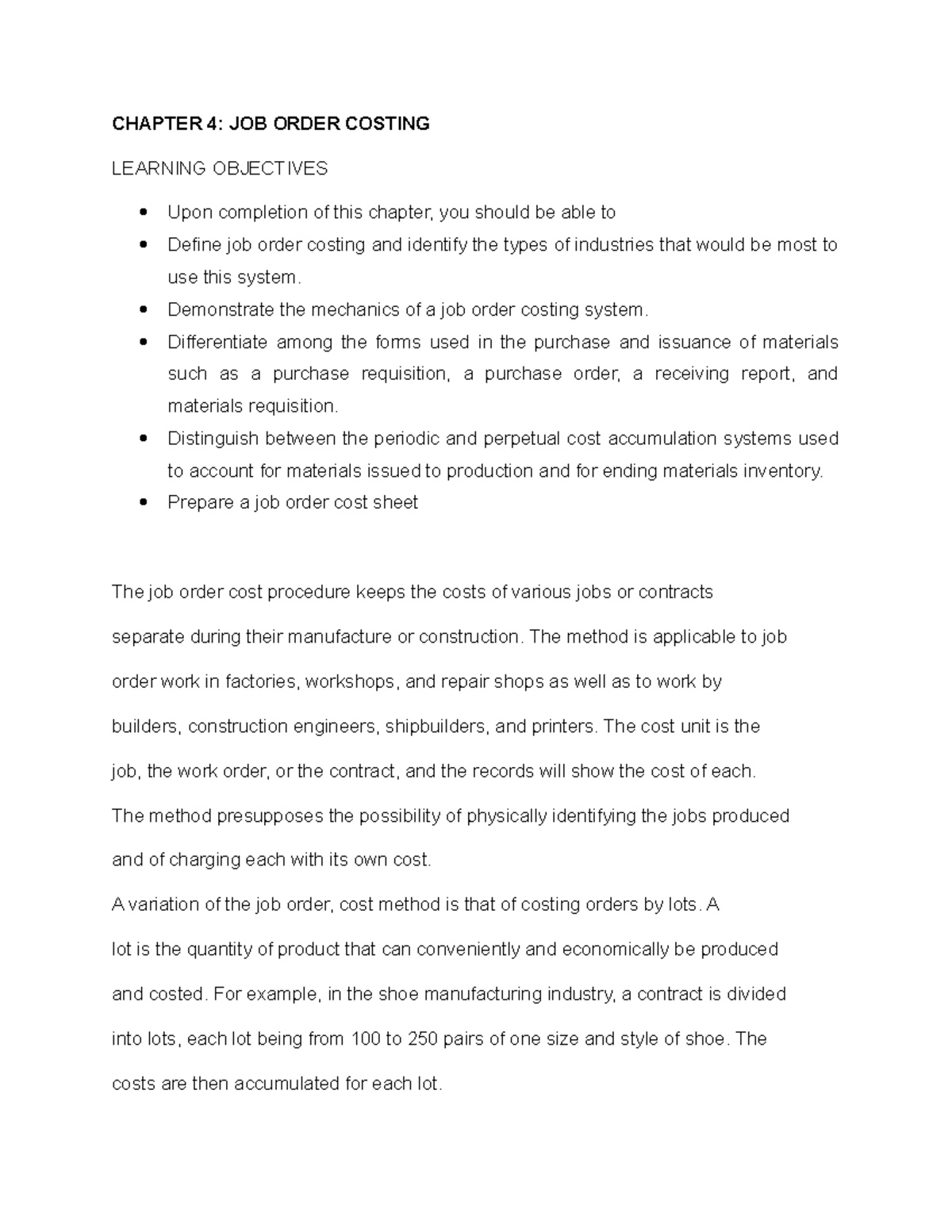 CH4 JOB Order Costing PART 1 - CHAPTER 4: JOB ORDER COSTING LEARNING ...