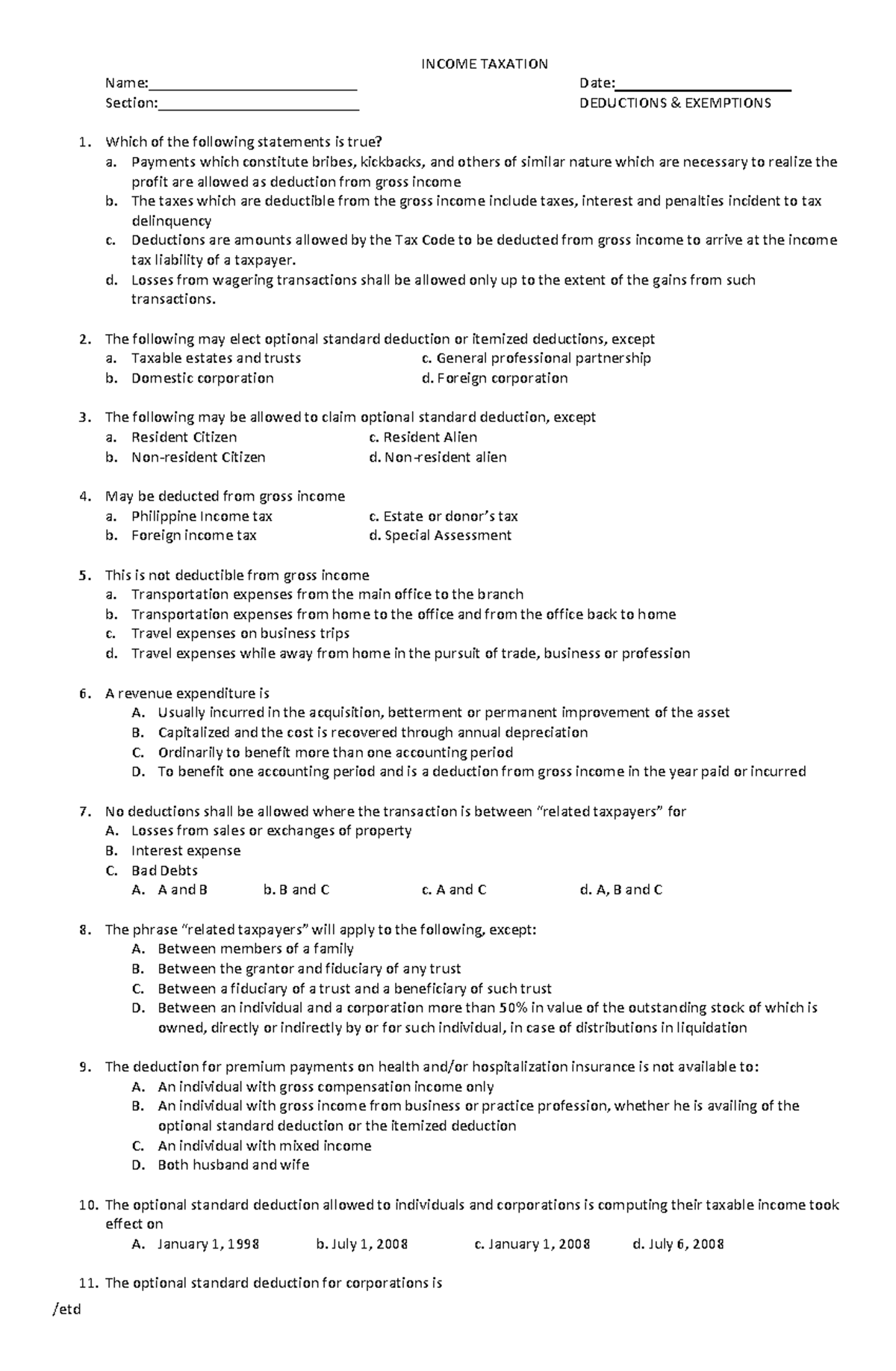 Deductions - TAXATION REVIEWER - INCOME TAXATION Name ...