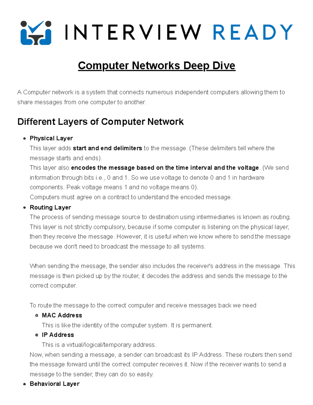 Networks Different Layers of Computer Network Physical Layer This