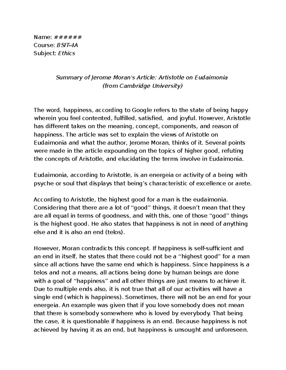 aristotle eudaimonia essay