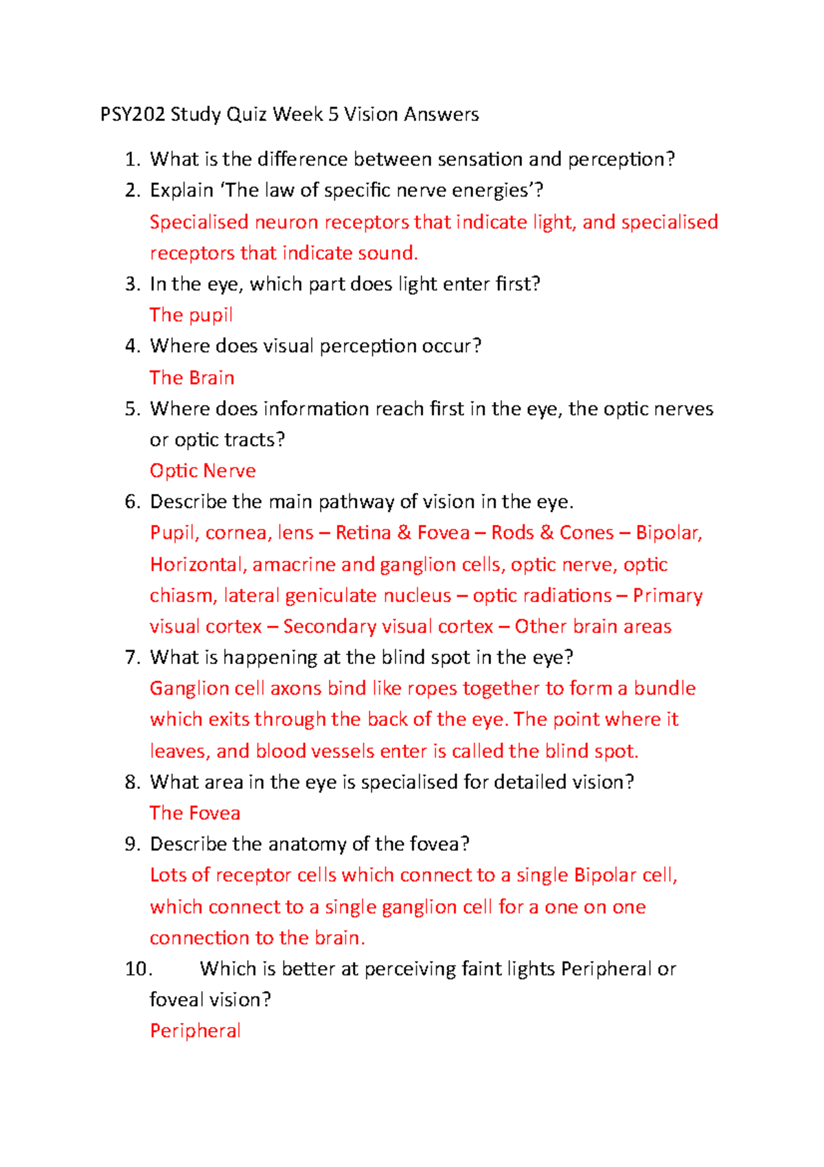 PSY202 Week 5 Vision Answers - PSY202 Study Quiz Week 5 Vision Answers