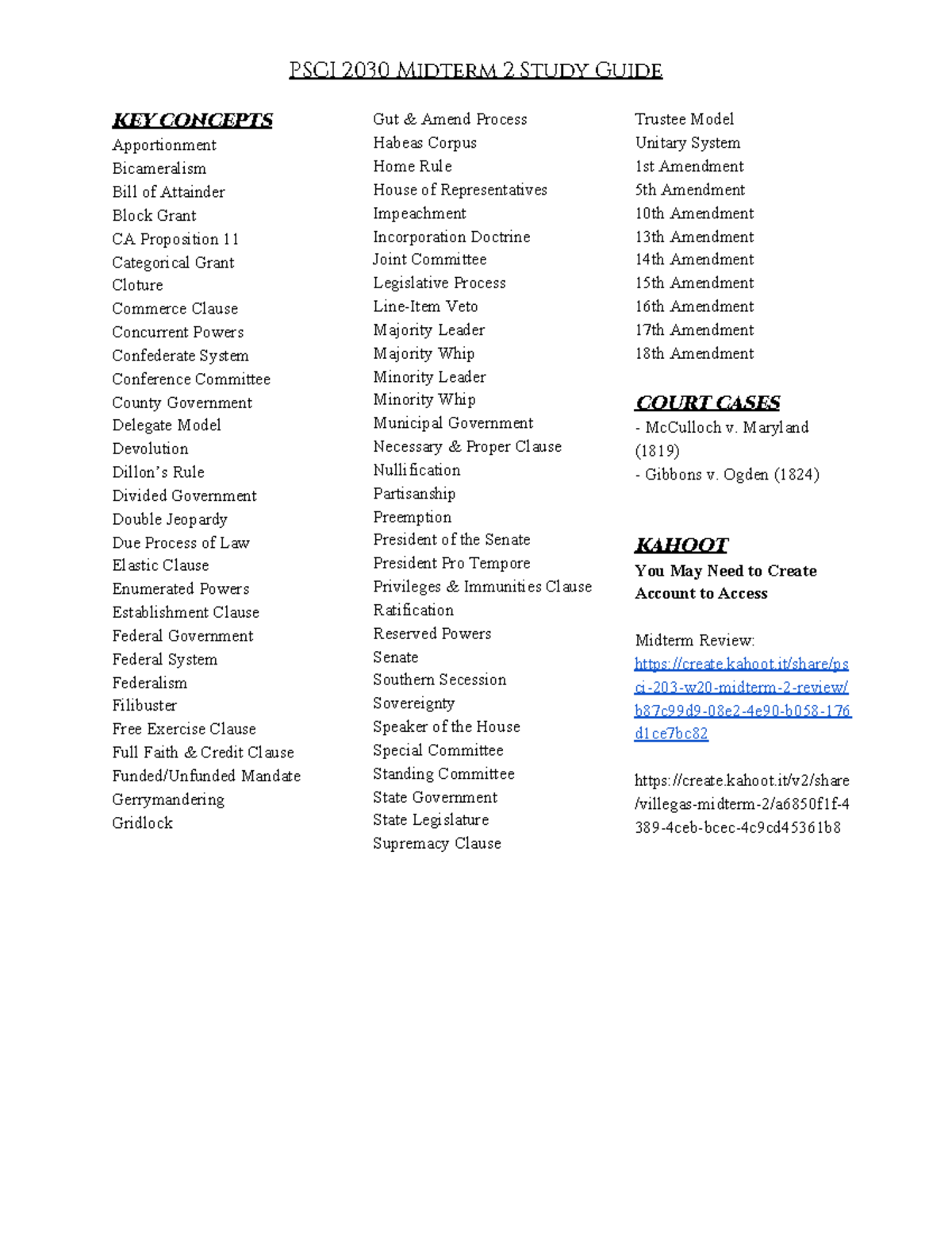 PSCI 2030 - Study Guide - PSCI 2030 Midterm 2 Study Guide KEY CONCEPTS ...