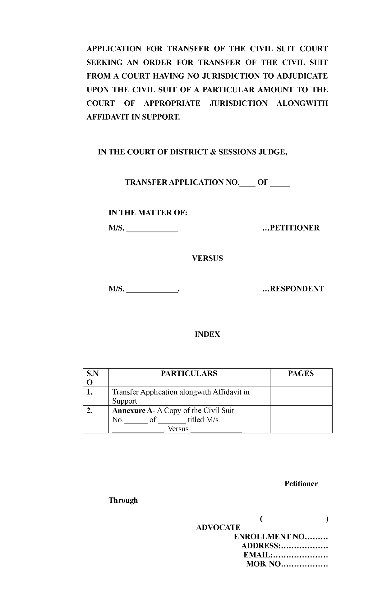 APP. FOR Transfer OF THE Civil SUIT Court Seeking AN Order FOR Transfer ...