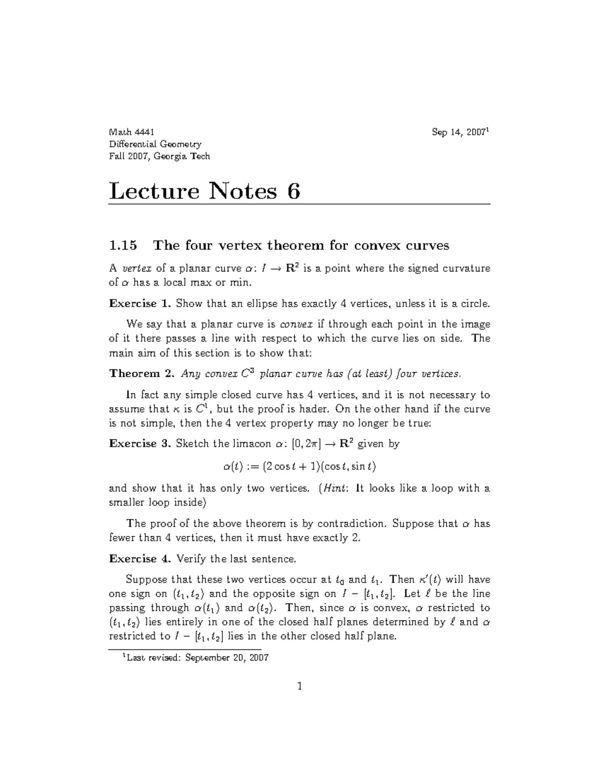 Practical - The four vertex theorem for convex curves - Sep 14, 20071 ...