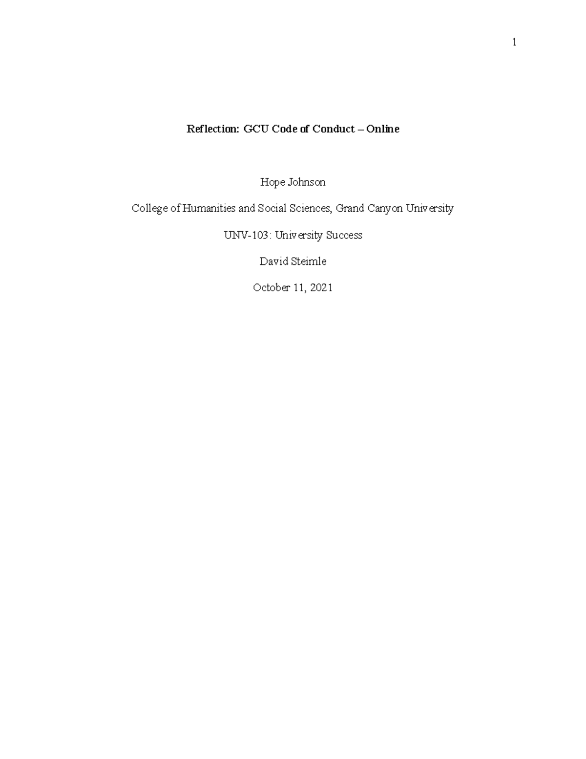 GCU Code of Conduct Reflection APA Format Reflection GCU Code of