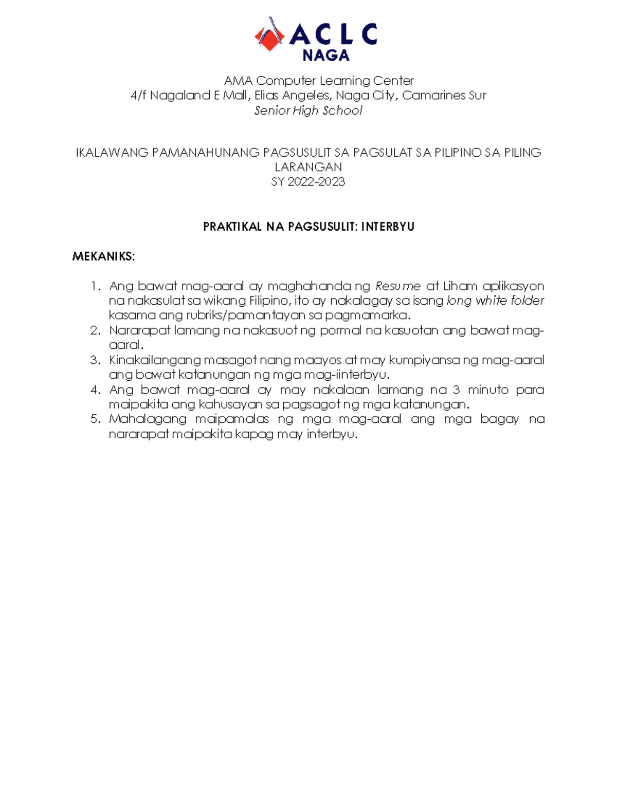 Larang praktikal exam scoring sheet ama computer learning center 4 f