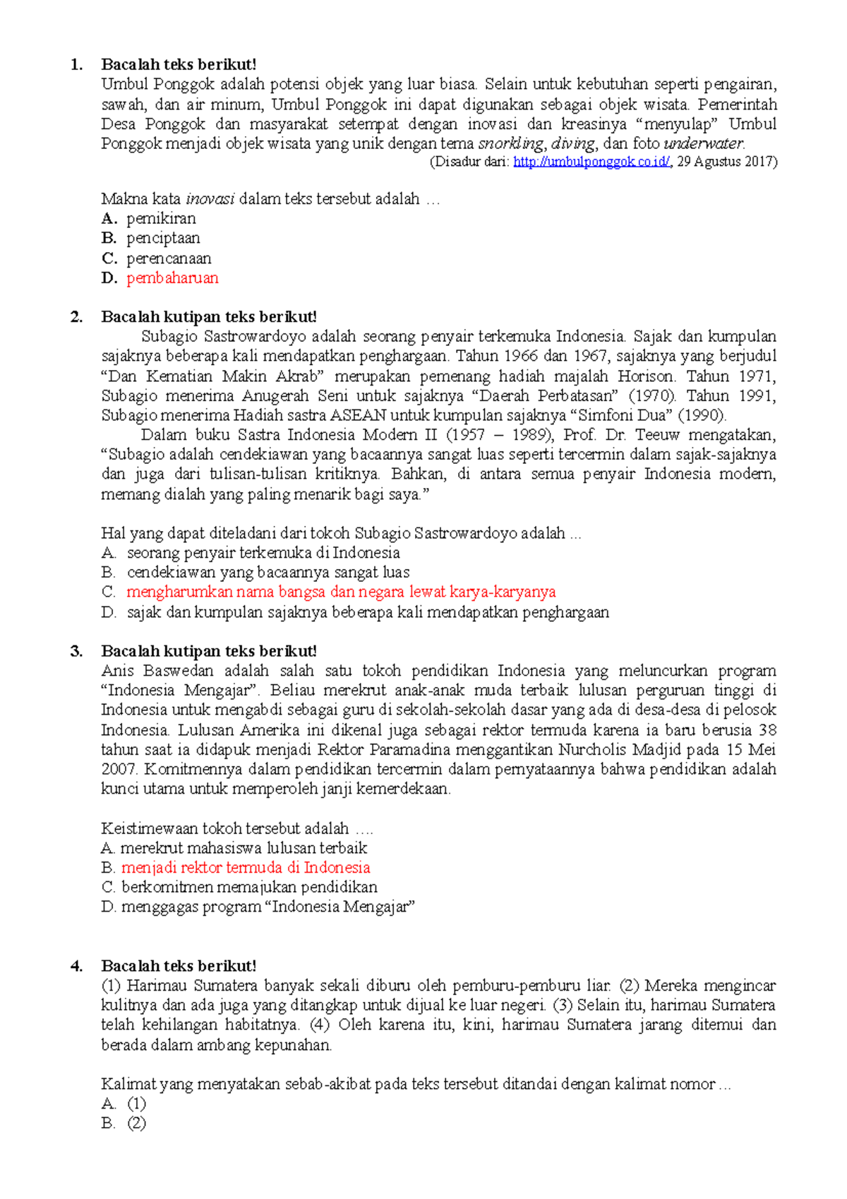 Bahasa Indonesia Contoh Latihan Soal Bahasa Indonesia 27 - Bacalah Teks ...