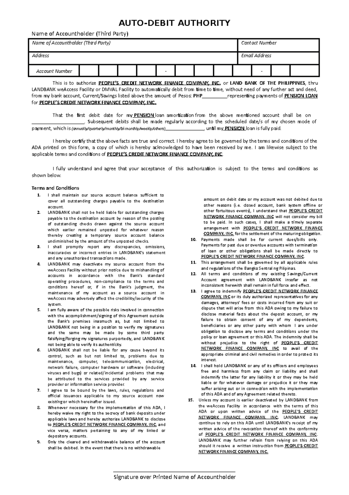 Landbank ADA none AUTODEBIT AUTHORITY Name of Accountholder (Third