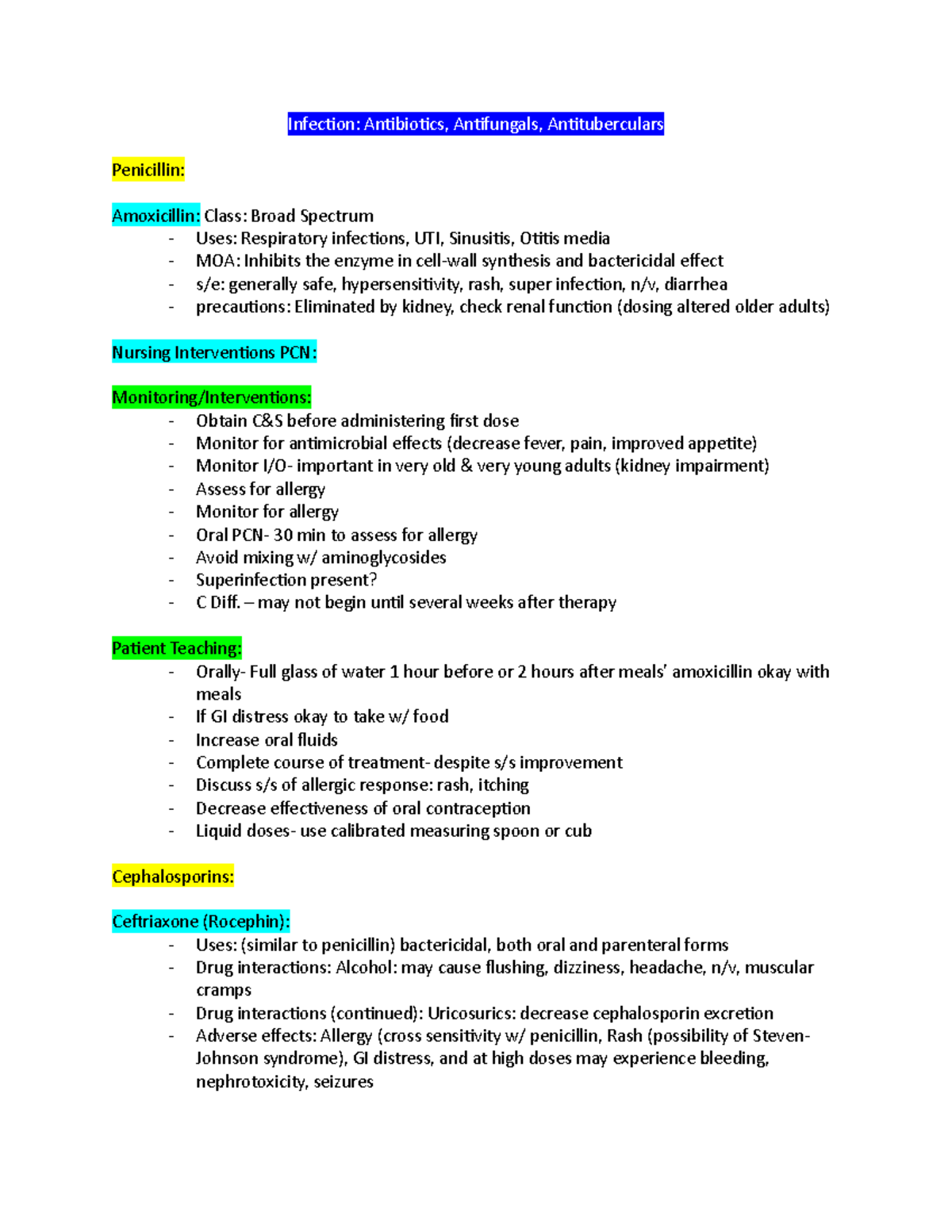 Infection- Antibiotics, Antifungals, Antituberculars Pharm Study Guide ...