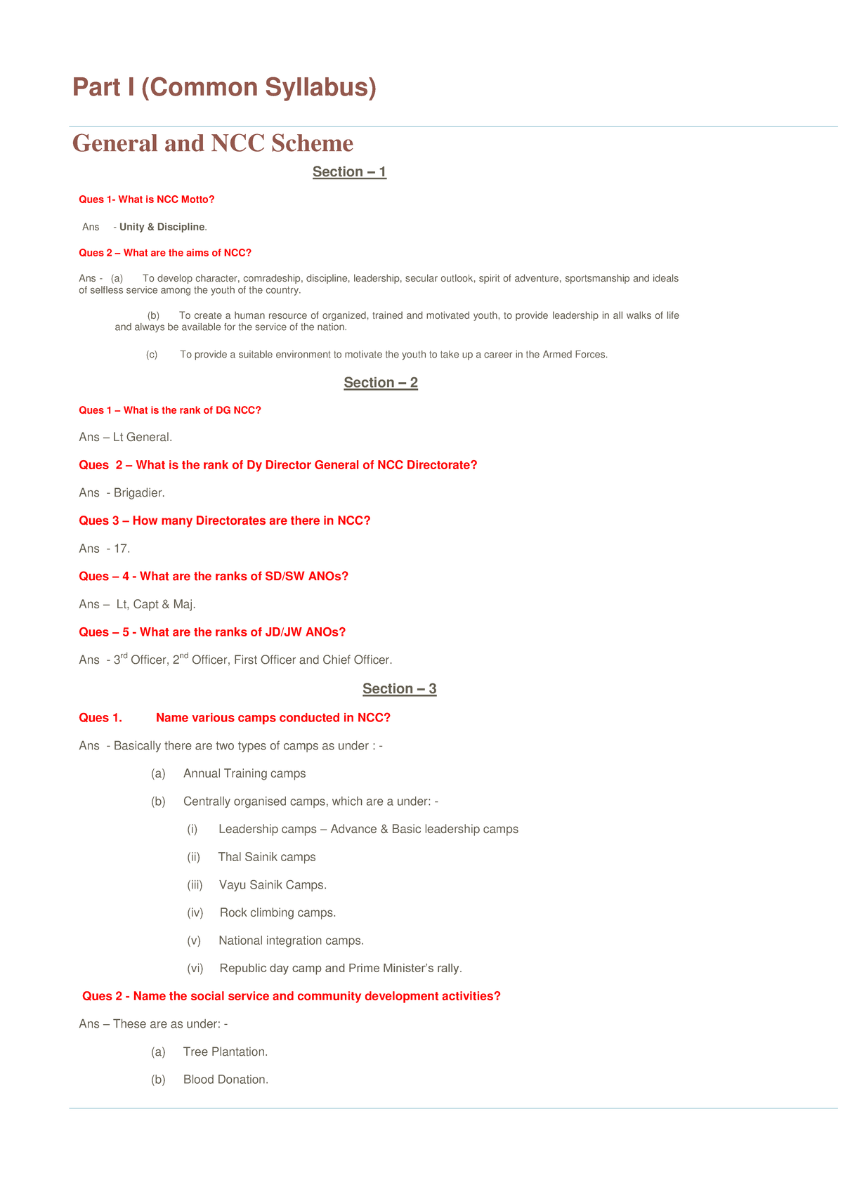 General Ncc knowledge - Part I (Common Syllabus) General and NCC Scheme ...