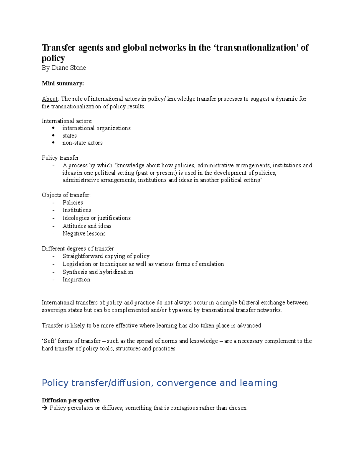 Transfer agents and global networks notes - International actors ...
