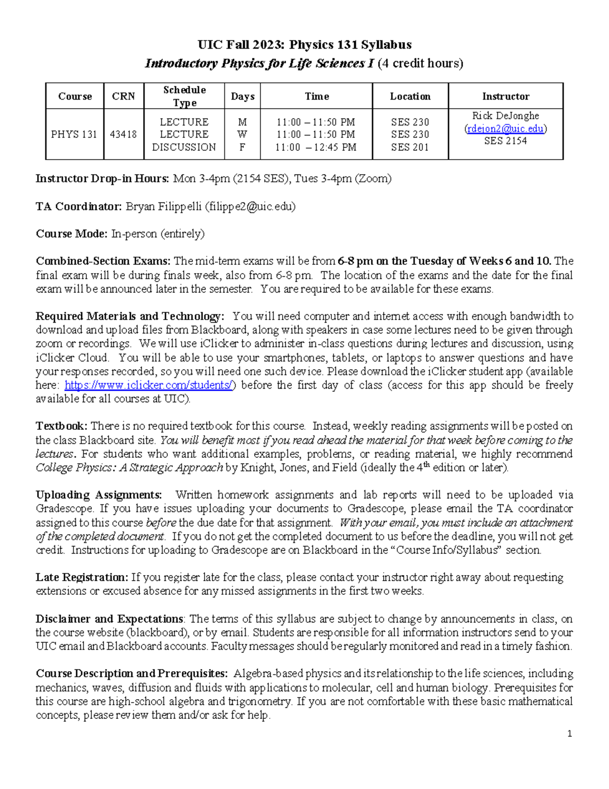 PHYS131 Syllabus Fall 2023 De Jonghe V2 - UIC Fall 2023: Physics 131 ...