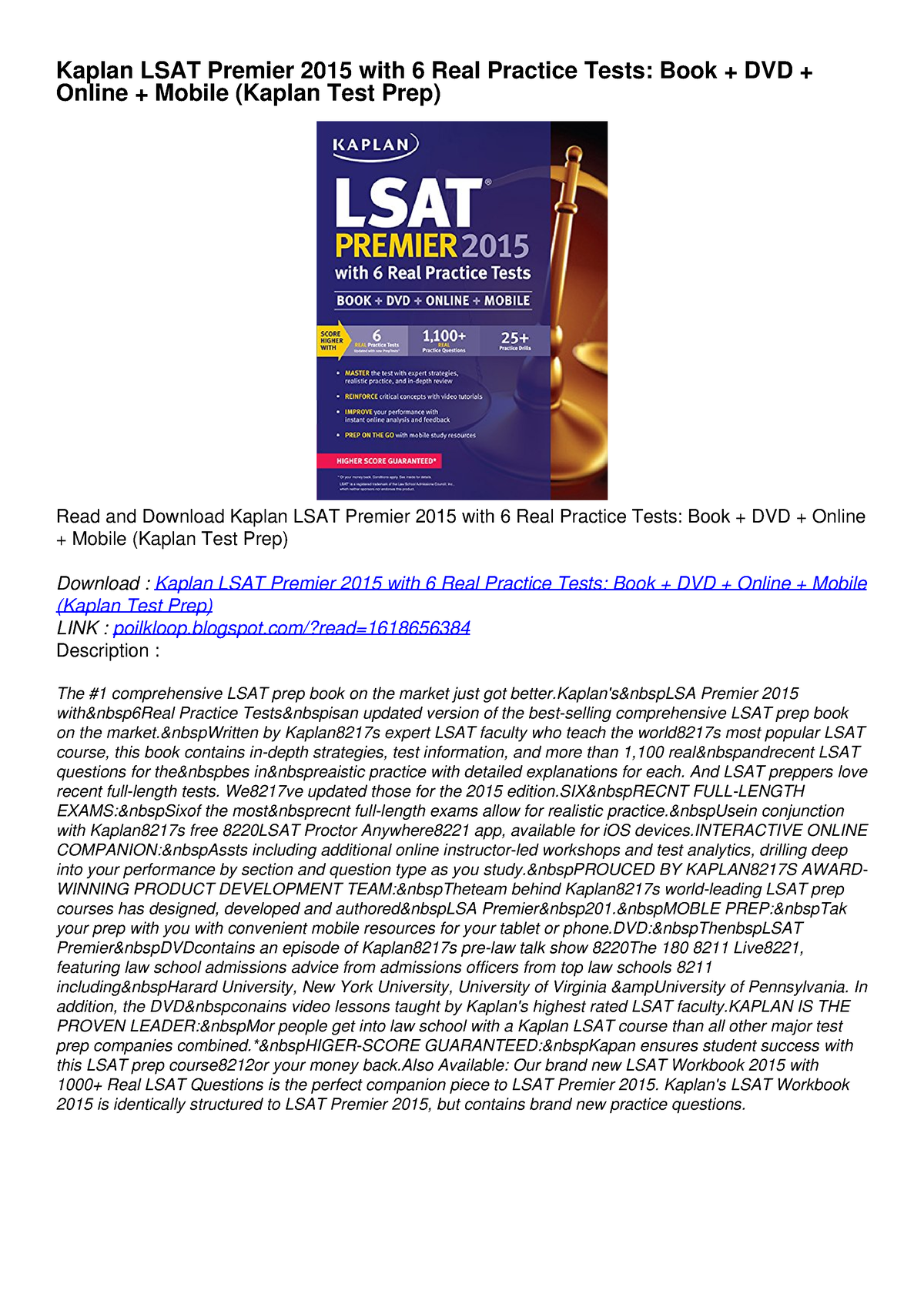 PDF DownloadKaplan LSAT Premier 2015 With 6 Real Practice Tests: Book ...