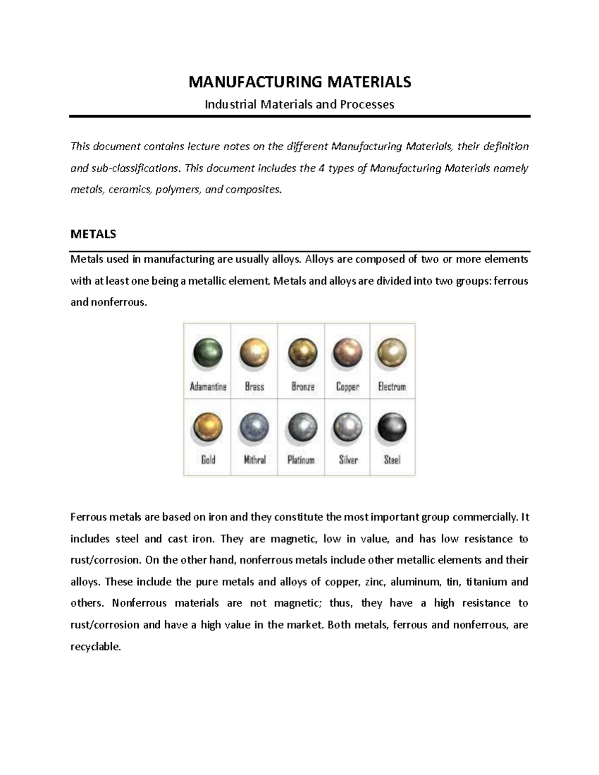 Manufacturing Materials This document includes the 4 types of