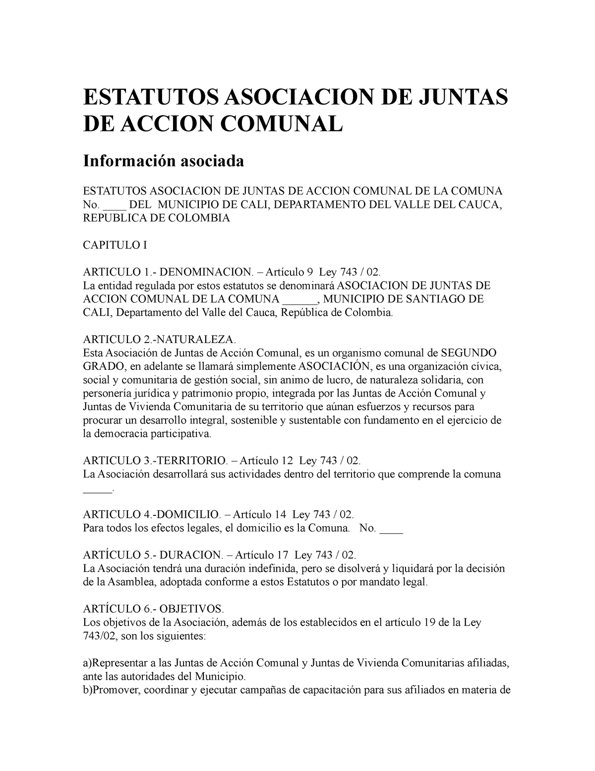 Estatutos Asociacion DE Juntas DE Accion Comunal - ESTATUTOS ASOCIACION ...