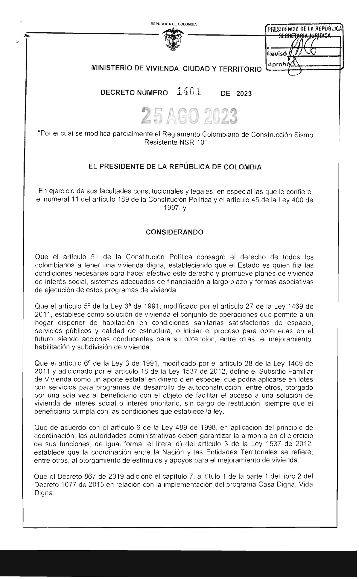 Decreto 1401 DEL 25 DE Agosto DE 2023 POR EL CUAL SE Modifica ...