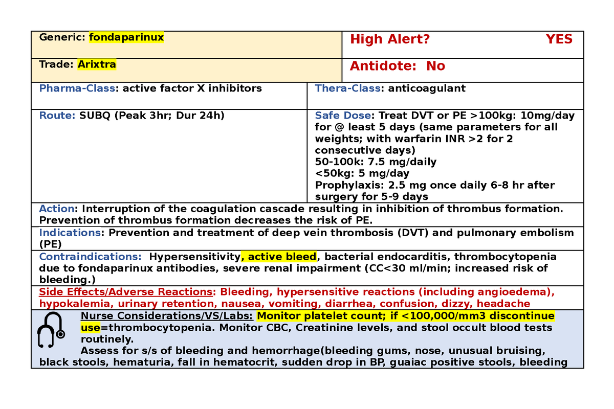 Arixtra - Drug Card - Generic: fondaparinux High Alert? YES Trade ...