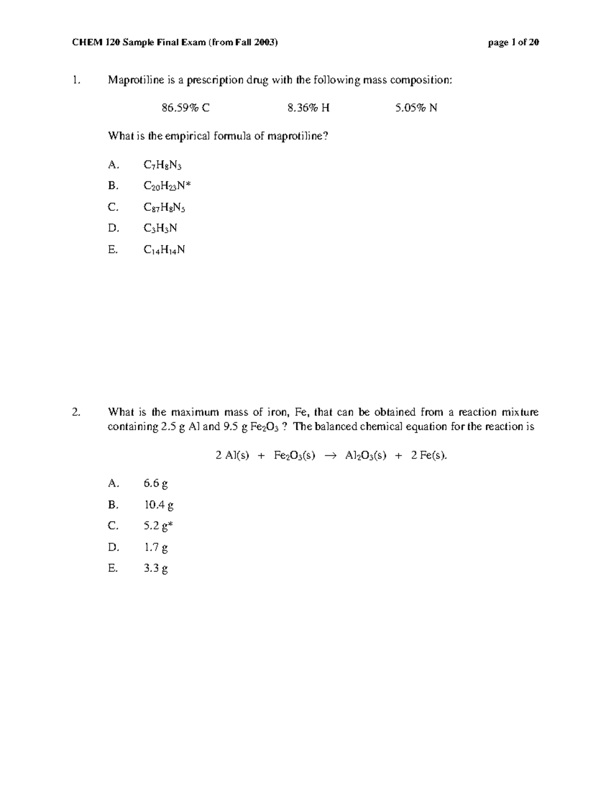 Final exam 2010, questions - CHEM 120 Sample Final Exam (from Fall 2003 ...