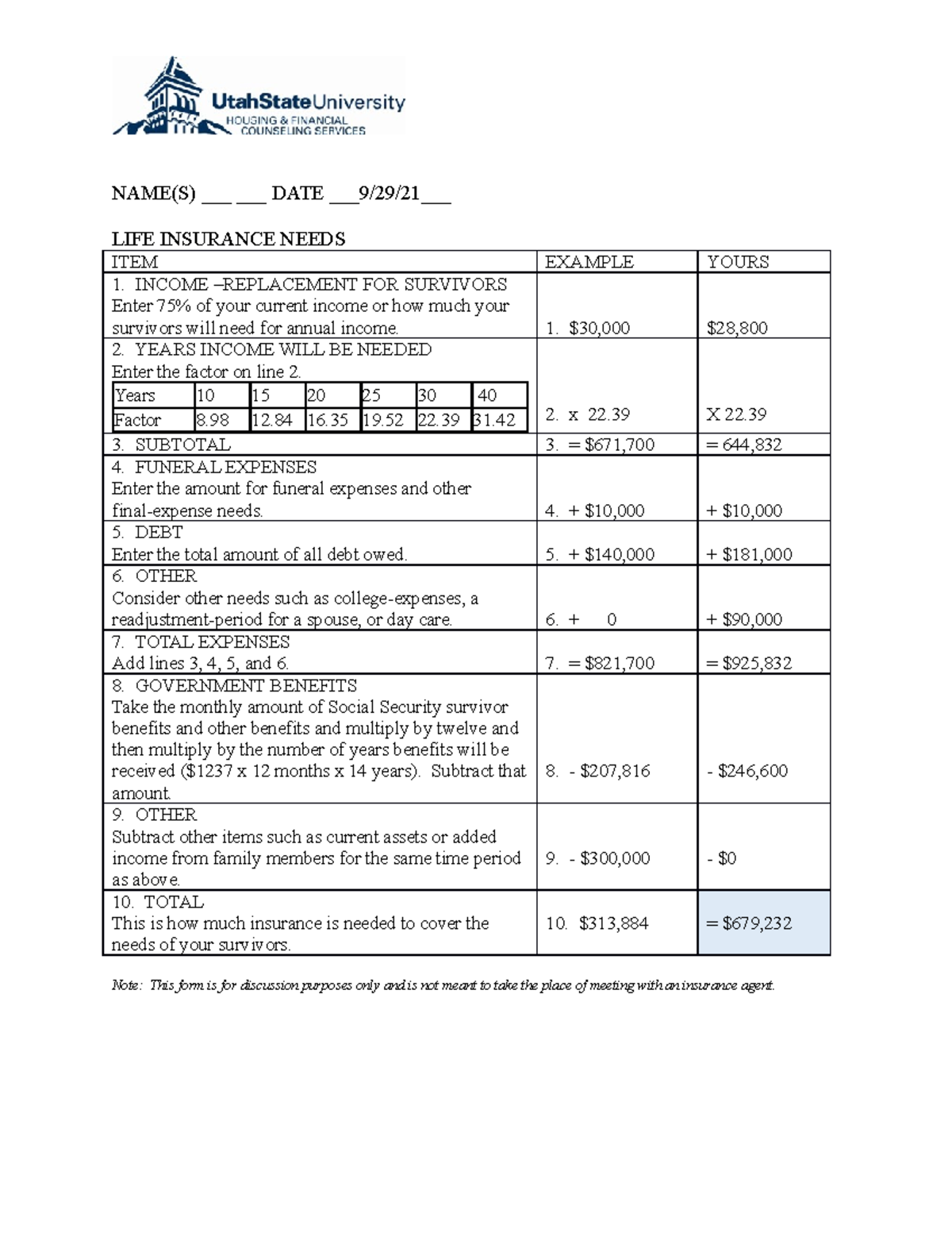 Activity 7 Life Insurance - NAME(S) ___ ___ DATE 9/29/21 LIFE INSURANCE ...