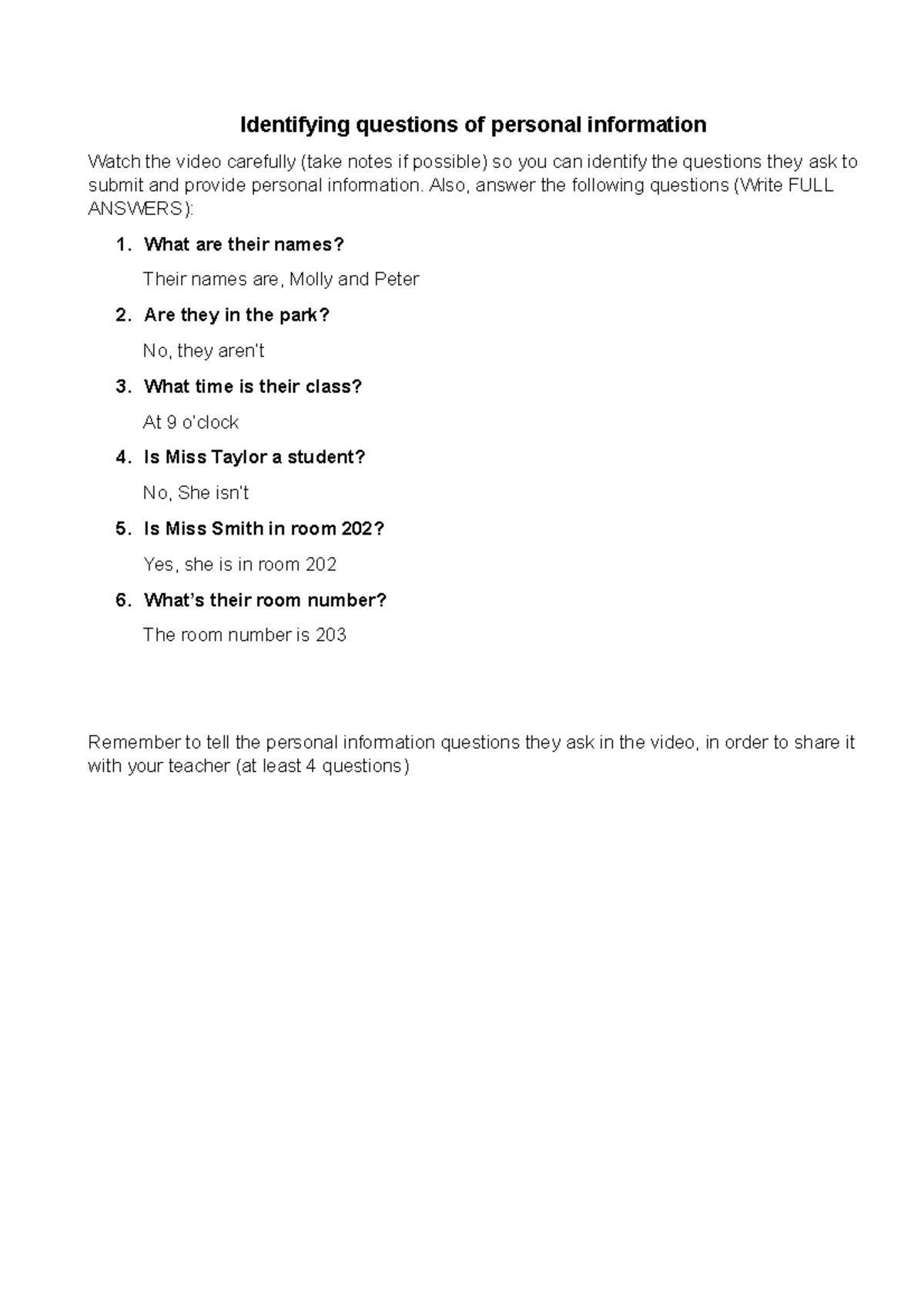 Identifying questions of personal information - Also, answer the ...