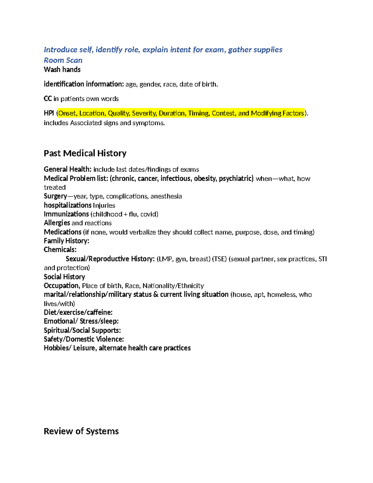 Head to Toe Head to toe assessment Rubrics Introduce self, identify role, explain intent for