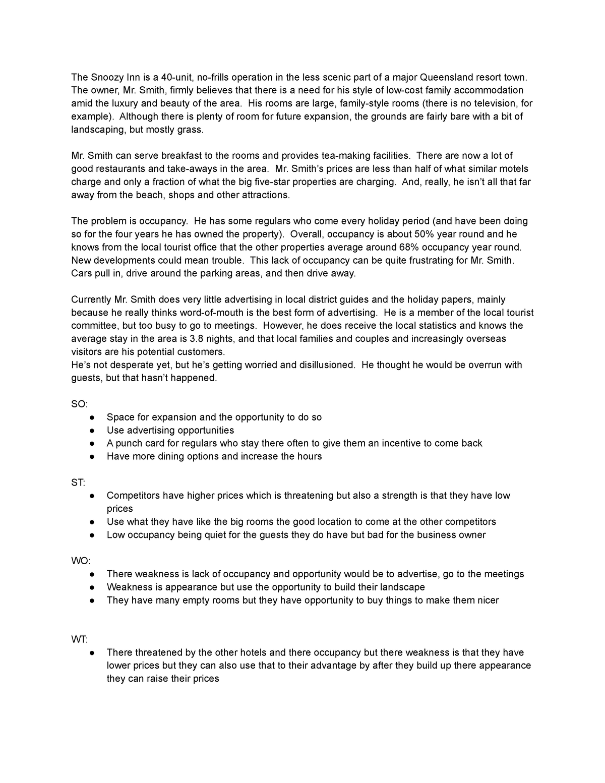 swot analysis case study snoozy inn