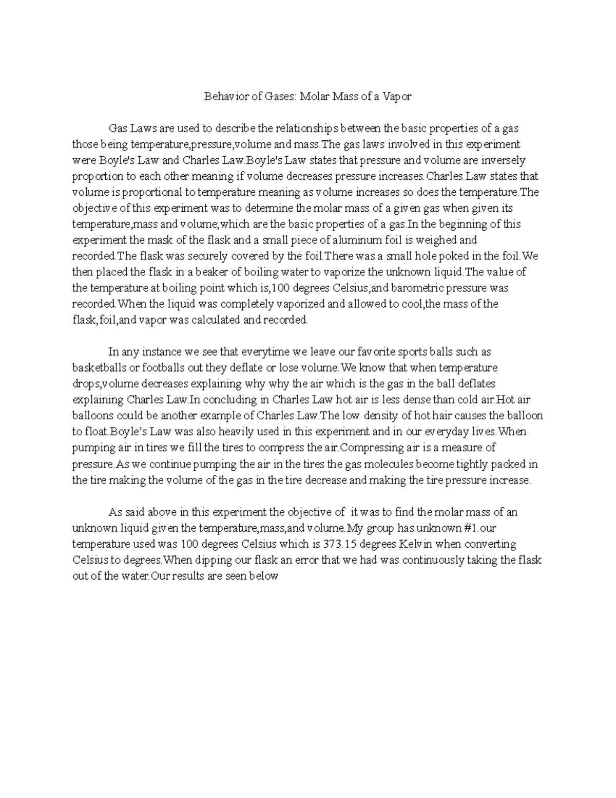 Lab Report #6 - behaviors of gases - Behavior of Gases: Molar Mass of a ...