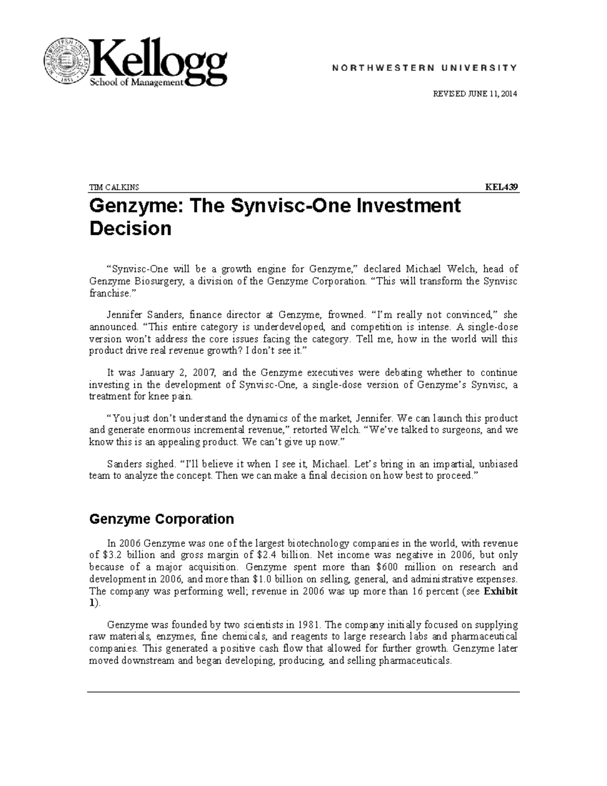 Genzyme Case for Accounting REVISED JUNE 11, 2014 TIM CALKINS KEL