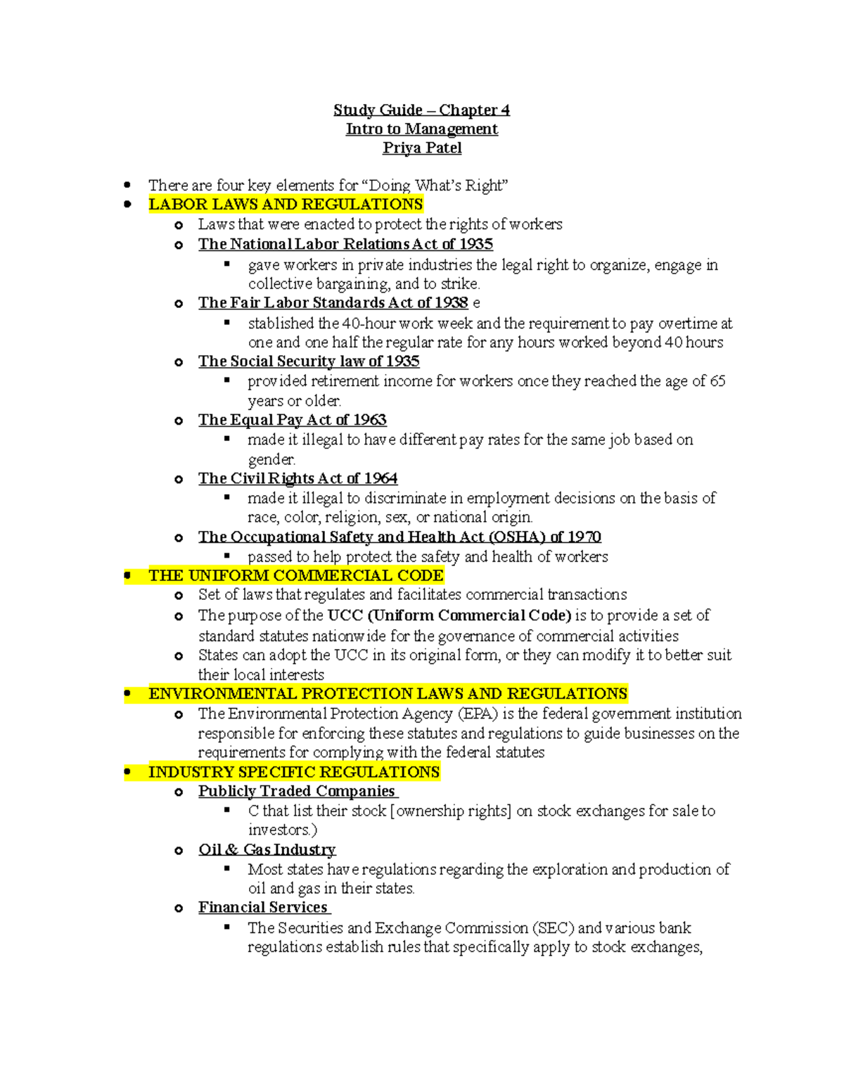 Study Guide - Chapter 4 - Study Guide – Chapter 4 Intro To Management ...