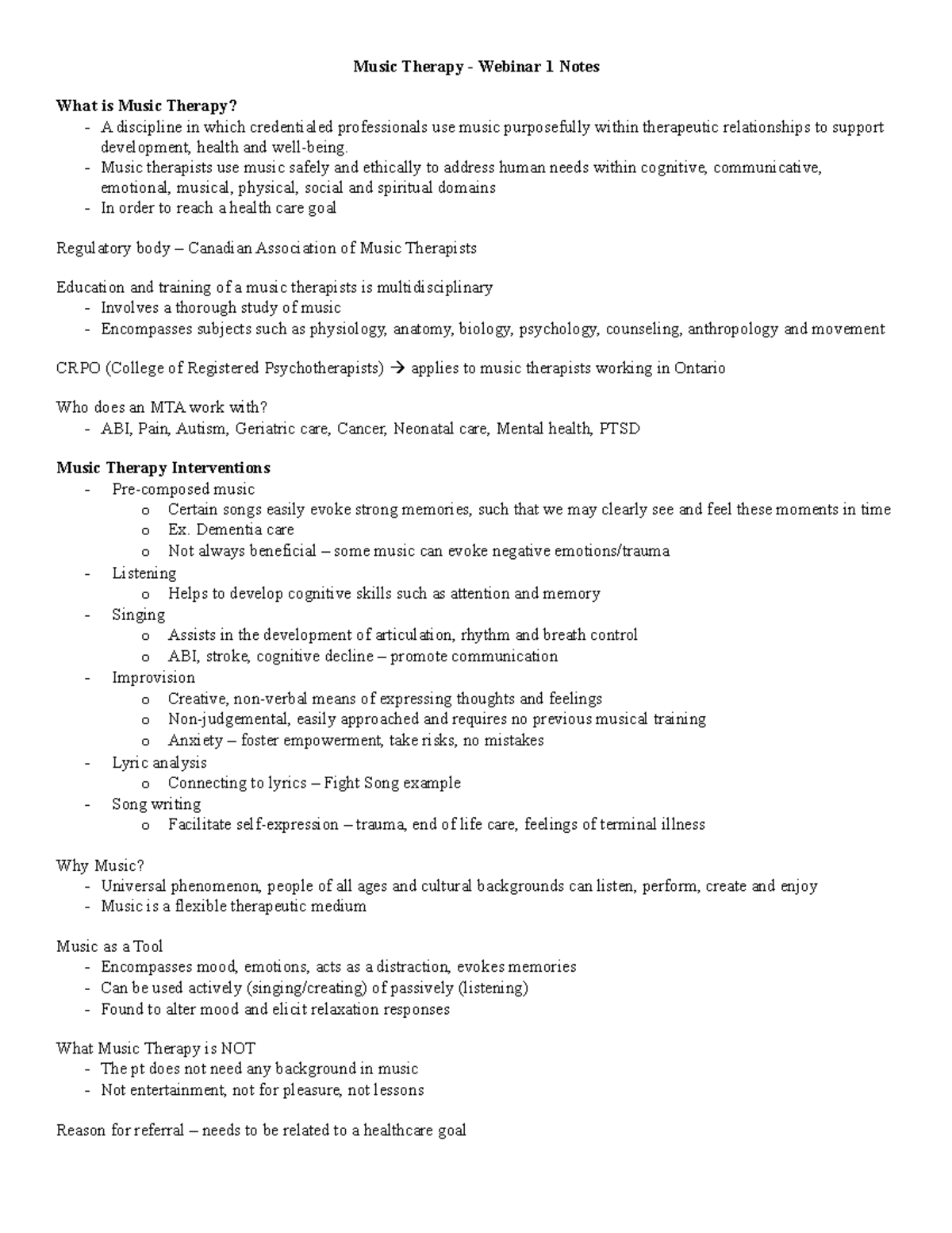 MU2MT3 Webinar 1 Notes - Music Therapy - Webinar 1 Notes What is Music ...