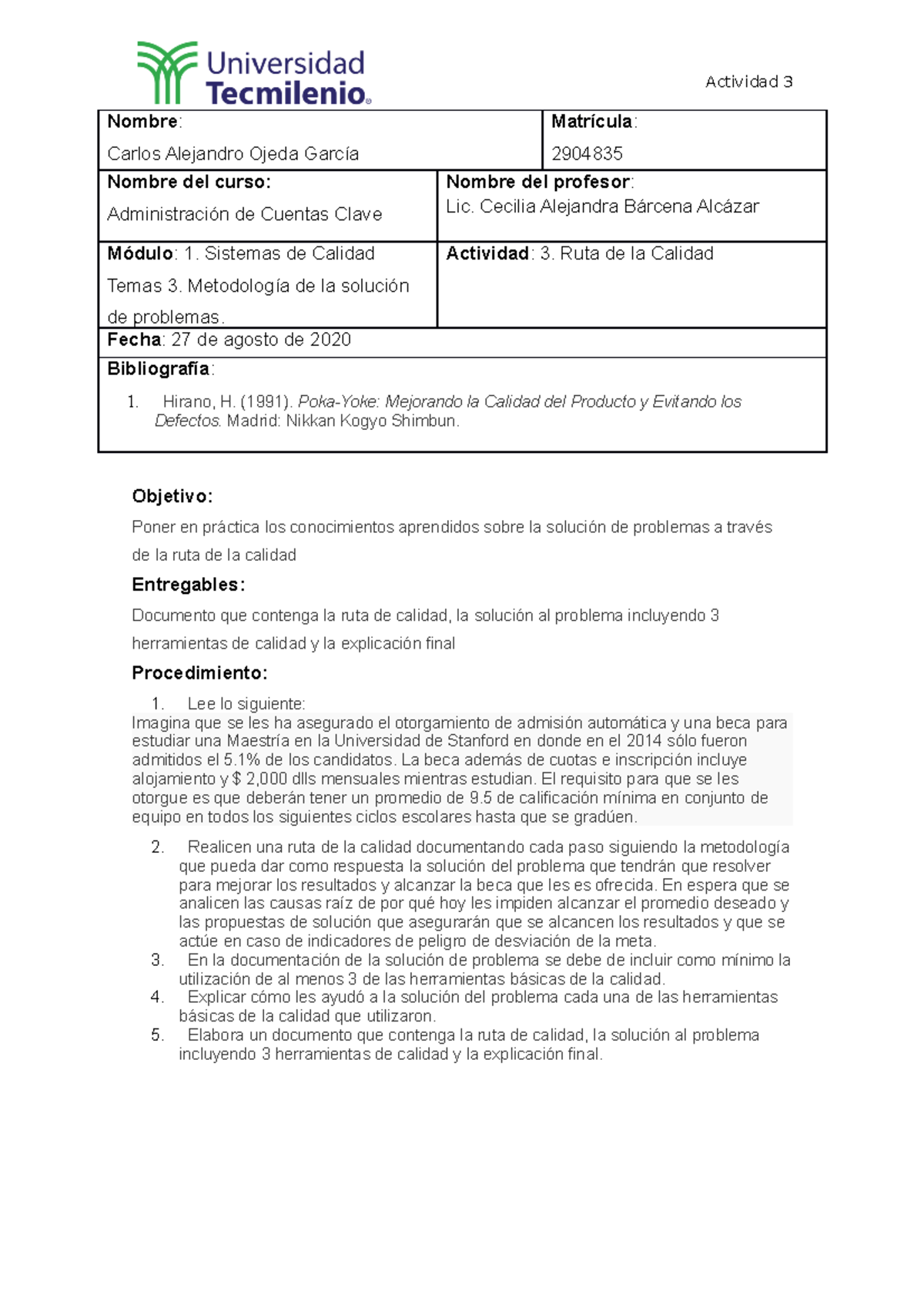 Actividad 3. SISTEMAS DE CALIDAD - Gestión de Calidad - TecMilenio ...