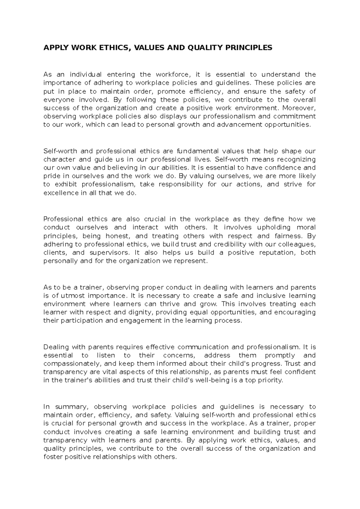 LEAD Small Teams - APPLY WORK ETHICS, VALUES AND QUALITY PRINCIPLES As ...