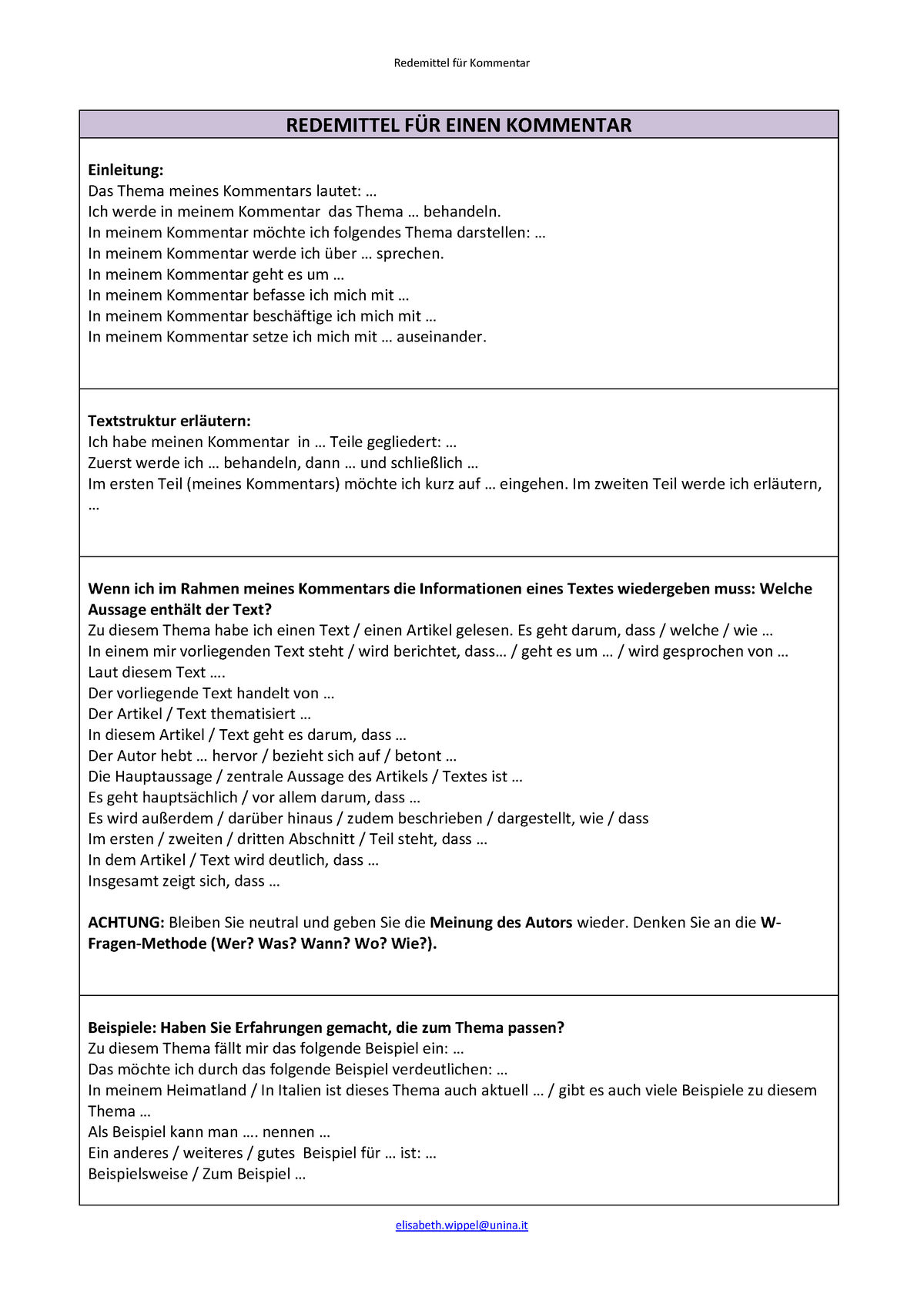 Zusammenfassung Redemittel C1 / Redemittel Stellungnahme Deutsch