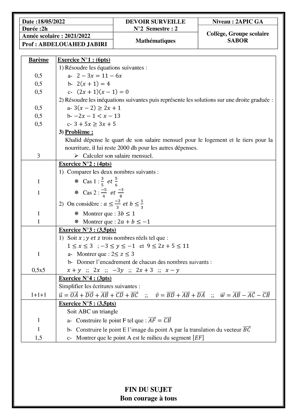 Devoir N2 Maths 2AC Semestre 2 7 - Date :18/05/2022 DEVOIR SURVEILLE N ...