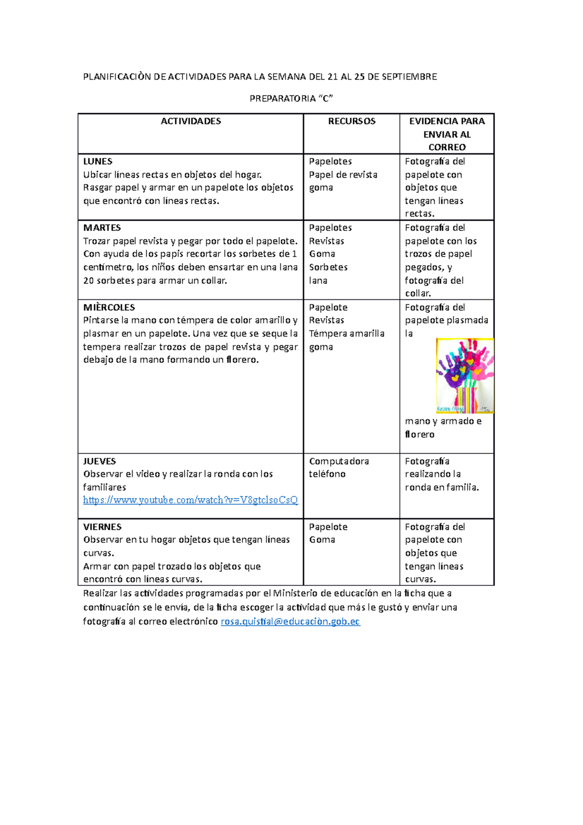 Planificaciòn DE Actividades PARA LA Semana DEL 21 AL 25 DE Septiembre ...