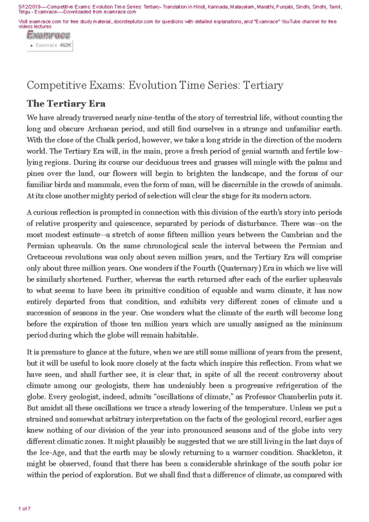 Zoology Time Scale Tertiary - Visit examrace for free study material ...