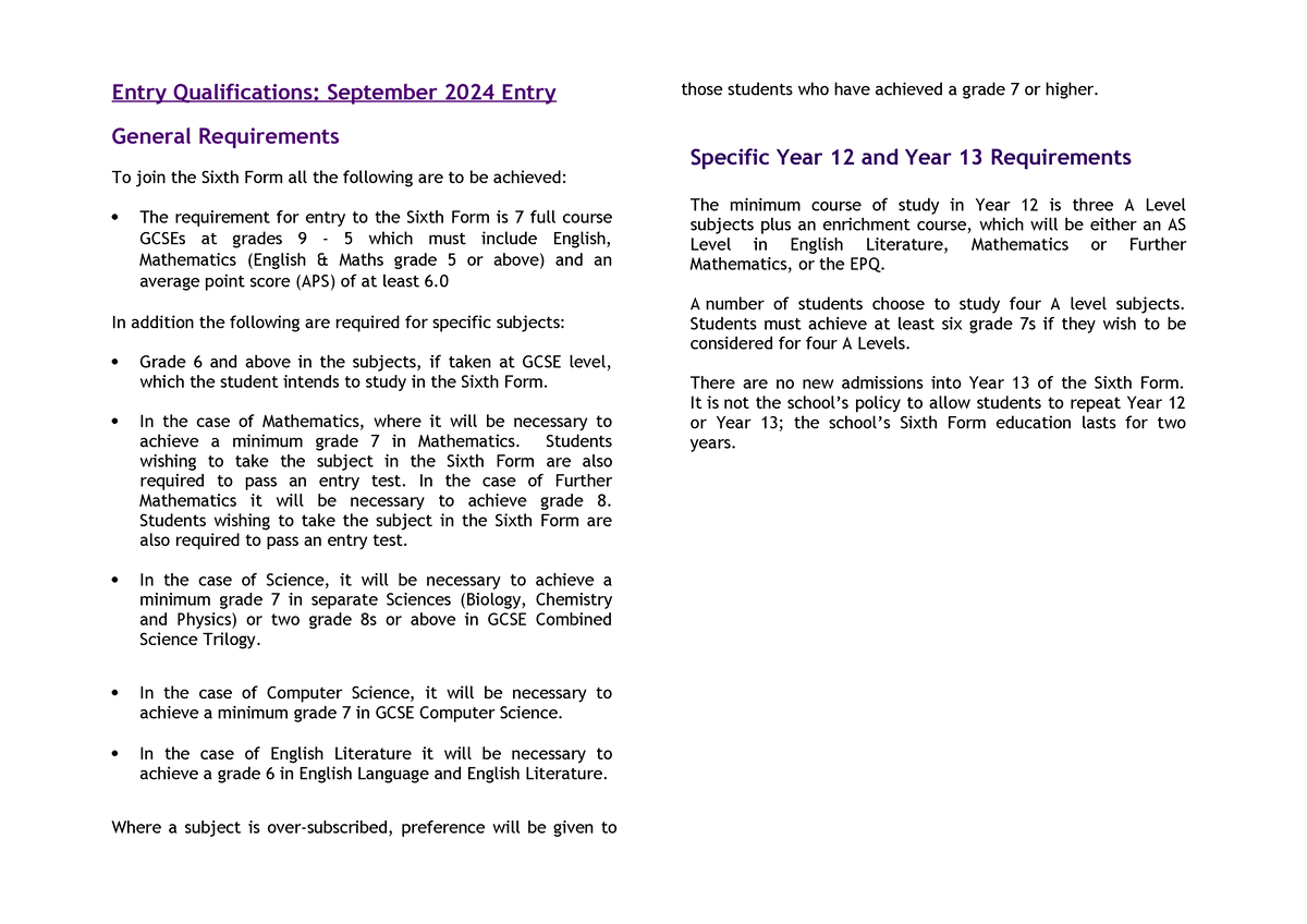 Sixth Form Entry Requirements 2024 2026 update Entry Qualifications