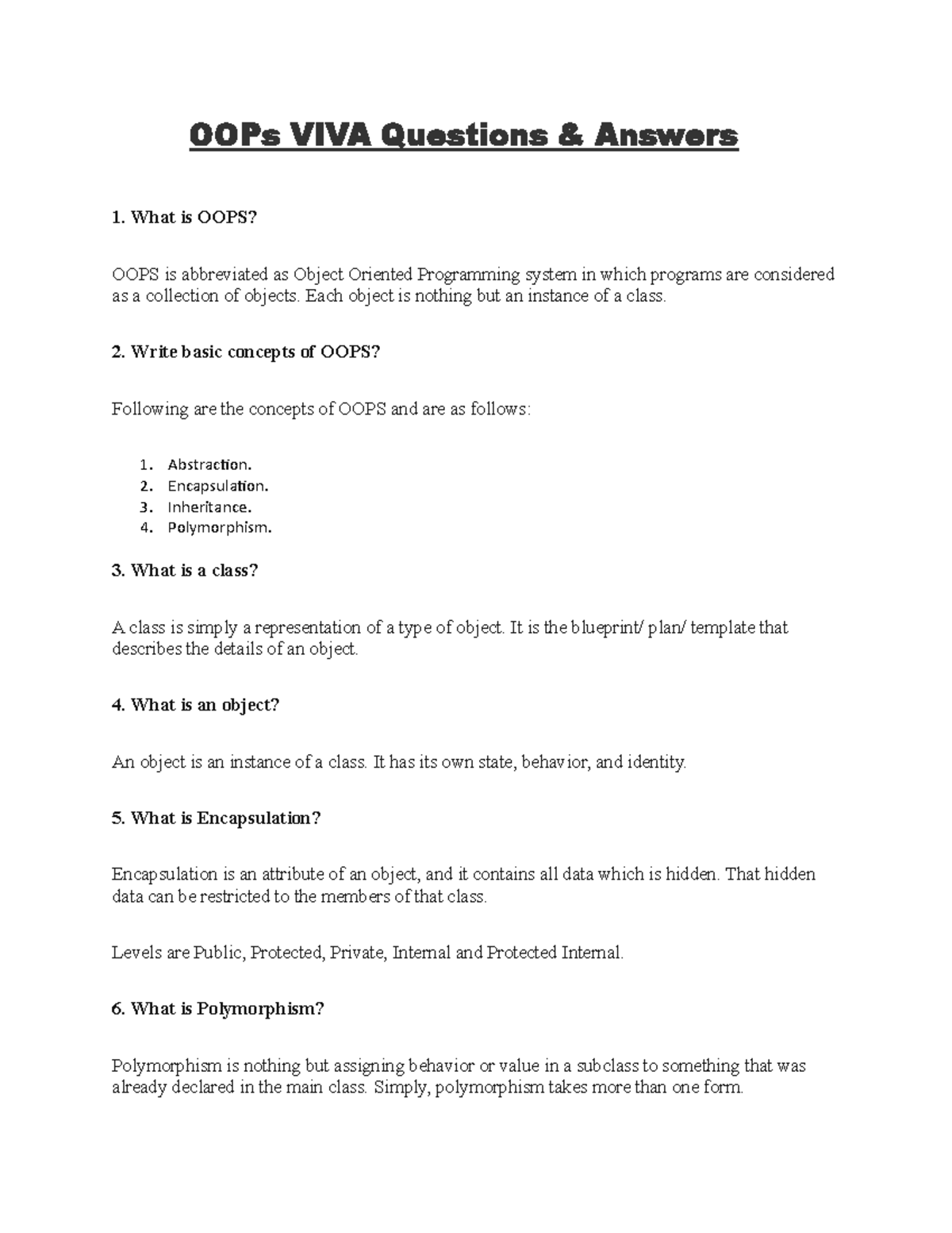 Oops Viva - Object Oriented Programming Techniques Viva And Assignment ...