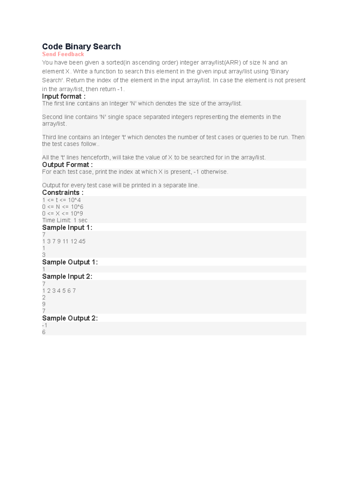 2. Code Binary Search - Code Binary Search Send Feedback You have been ...
