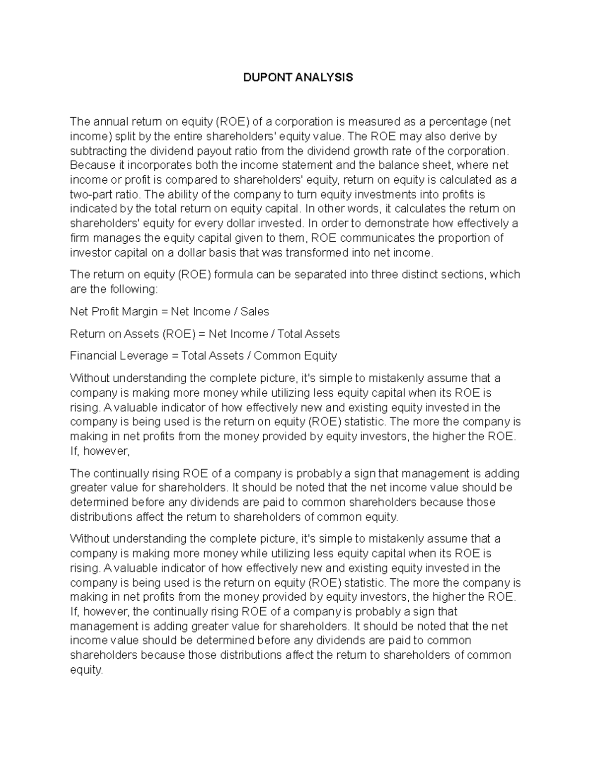 Du Pont Analysis - DUPONT ANALYSIS The annual return on equity (ROE) of ...