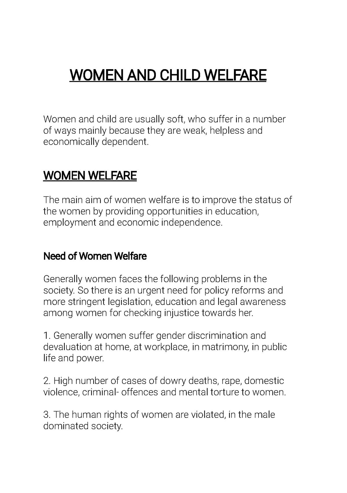 woman and child welfare essay