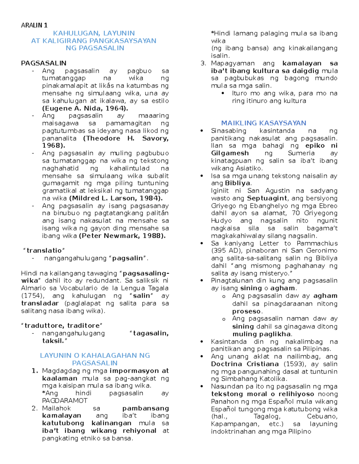 Aralin 1 lecture notes - ARALIN 1 KAHULUGAN, LAYUNIN AT KALIGIRANG