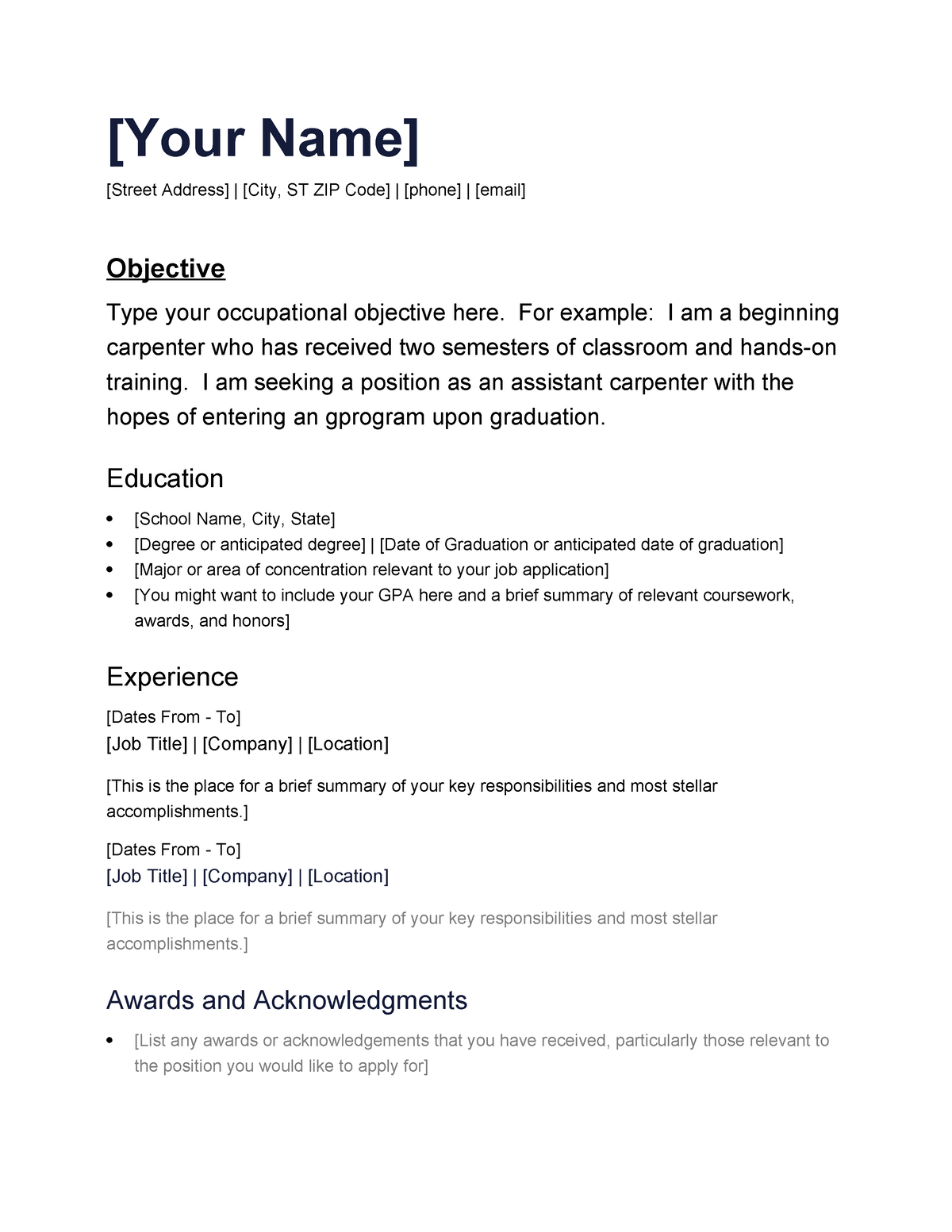 Resume Sample - [Your Name] [Street Address] | [City, ST ZIP Code ...