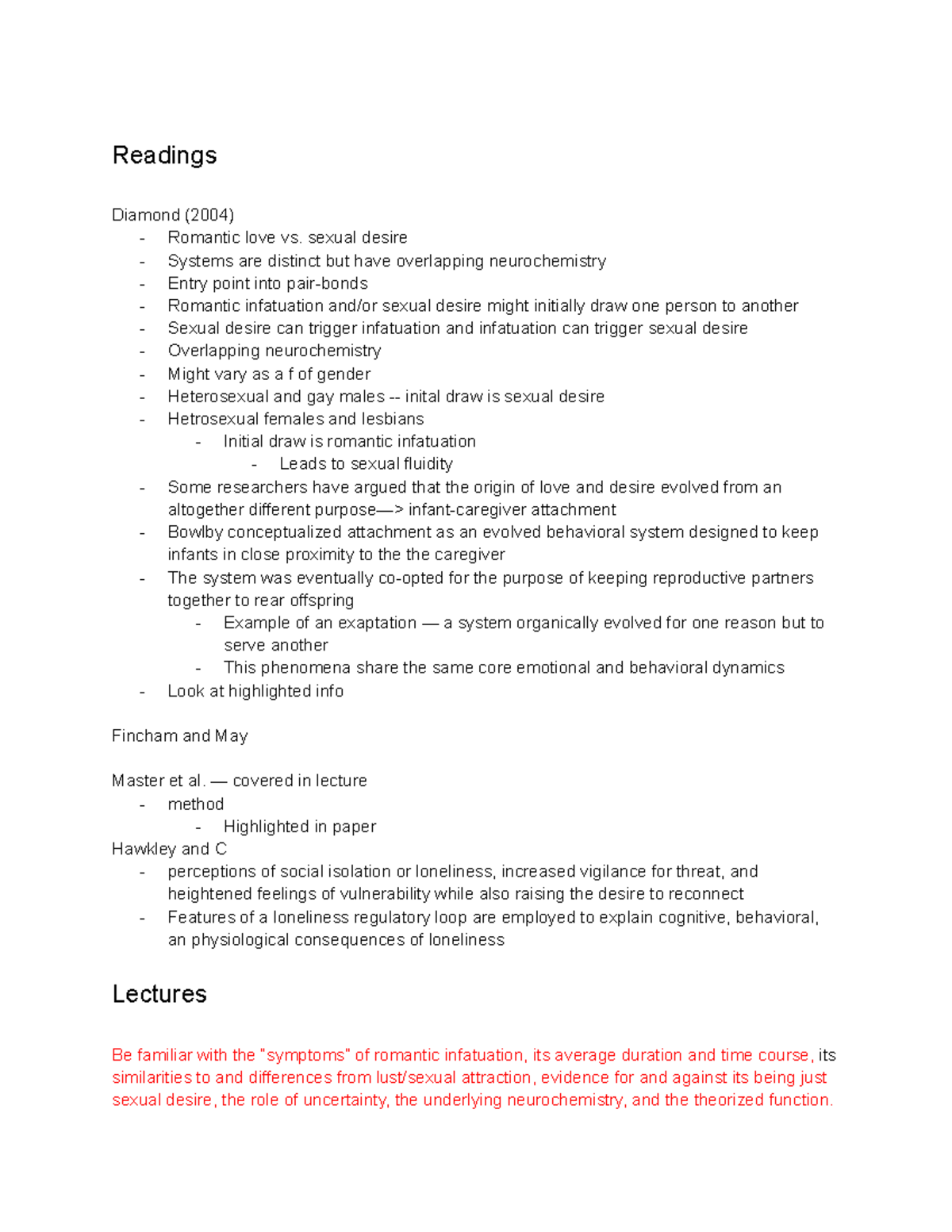 HB Final study guide - Readings Diamond (2004) - Romantic love vs ...