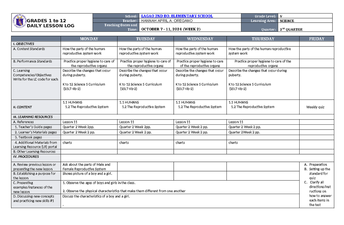 DLL Science 5 Q2 W2 - Good - GRADES 1 to 12 DAILY LESSON LOG School ...