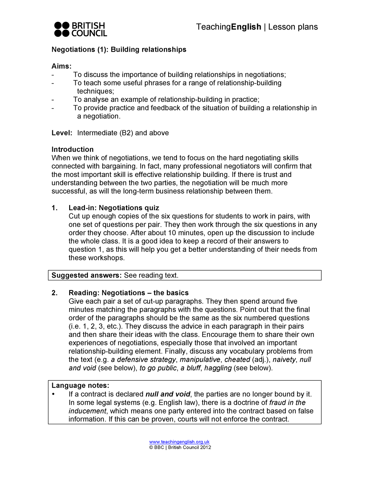 Negotiations 1 Building Relationships Lesson Plan - TeachingEnglish ...