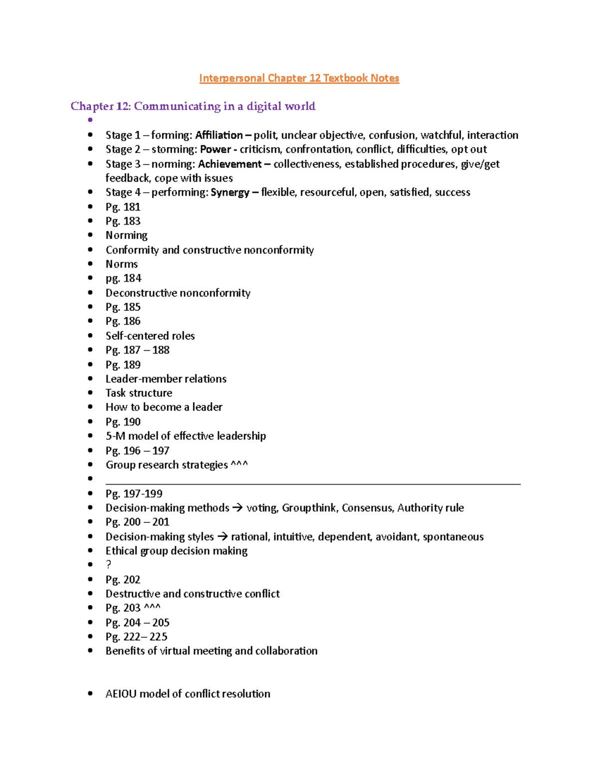 Interpersonal Chapter 12 Textbook Notes 181 Pg 183 Norming