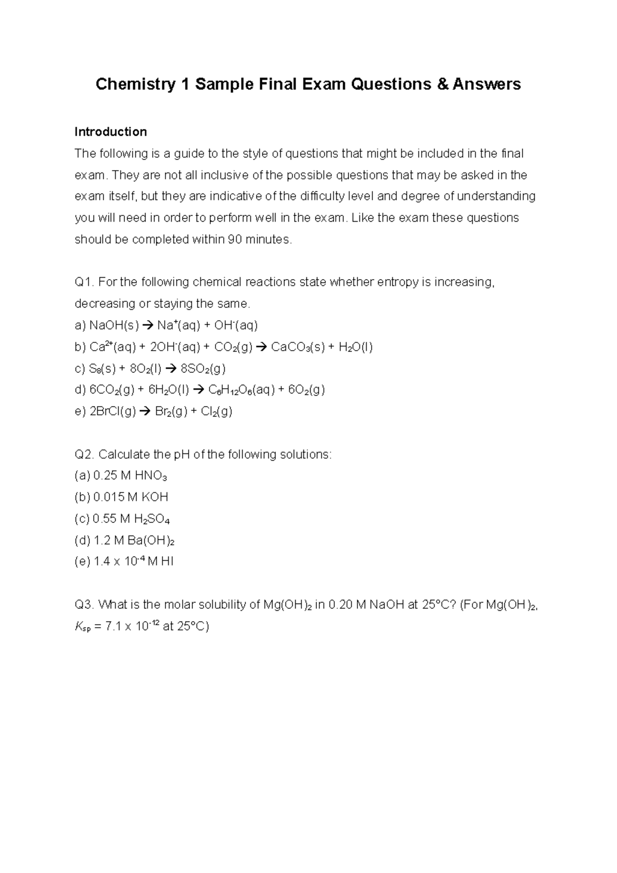 Sample Final Exam Q 19 - Chemistry 1 Sample Final Exam Questions ...