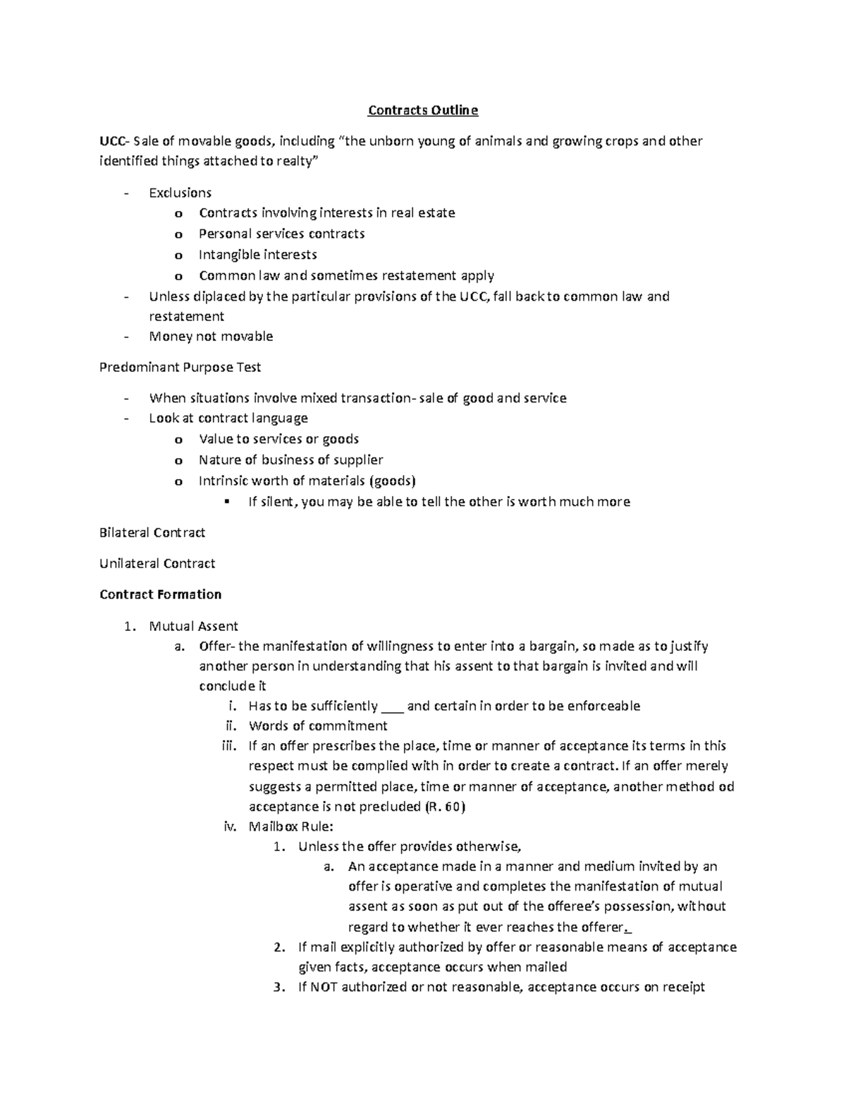 Contracts Outline - Contracts Outline UCC- Sale of movable goods ...